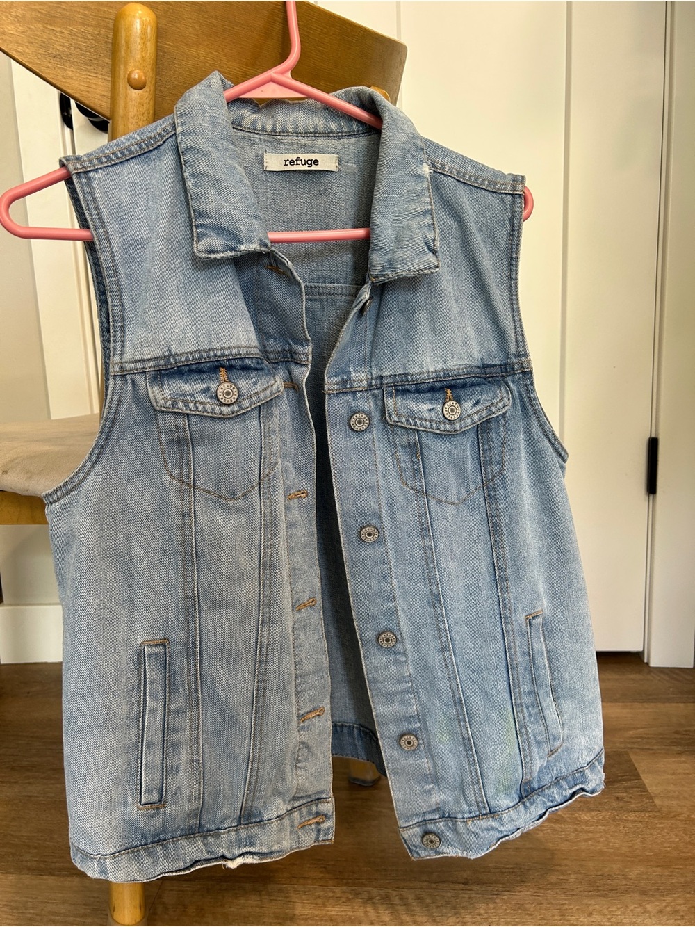 Refuge Light Blue Denim Sleeveless Trucker Distressed Denim Jean Vest